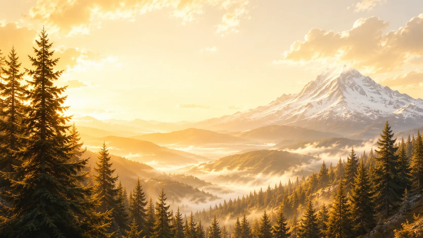 Mountain landscape with evergreen forests and morning mist
